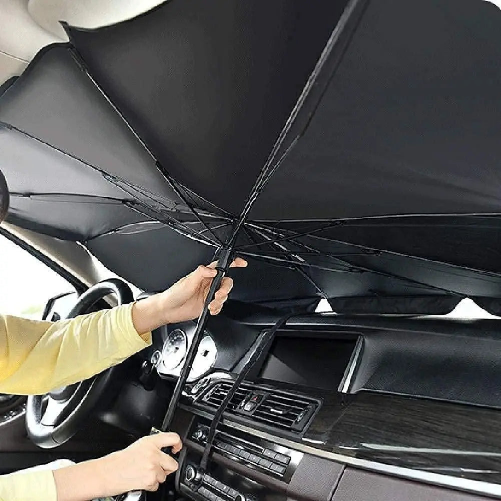 Car Windshield Sun Shade Umbrella – Foldable Alloy Steel Heat Protector (Black) 19z41t-h6