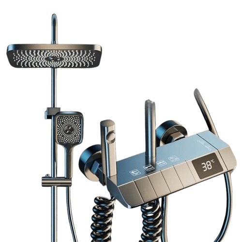 Fossa Spark Shower Thermostatic Shower System, Water Saving Shower Mixer Set, LED Screen, 4 Functions includes Handheld Shower (3 Jet Types), ABS Top Shower, Bidet Spray, Tub Spout (Black) Fossa Home