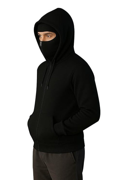 Men’s Full Sleeves Zipper Hoodie with Mask – Cotton Fleece Winter Hoodie for Men (Black) 19z41t-h6