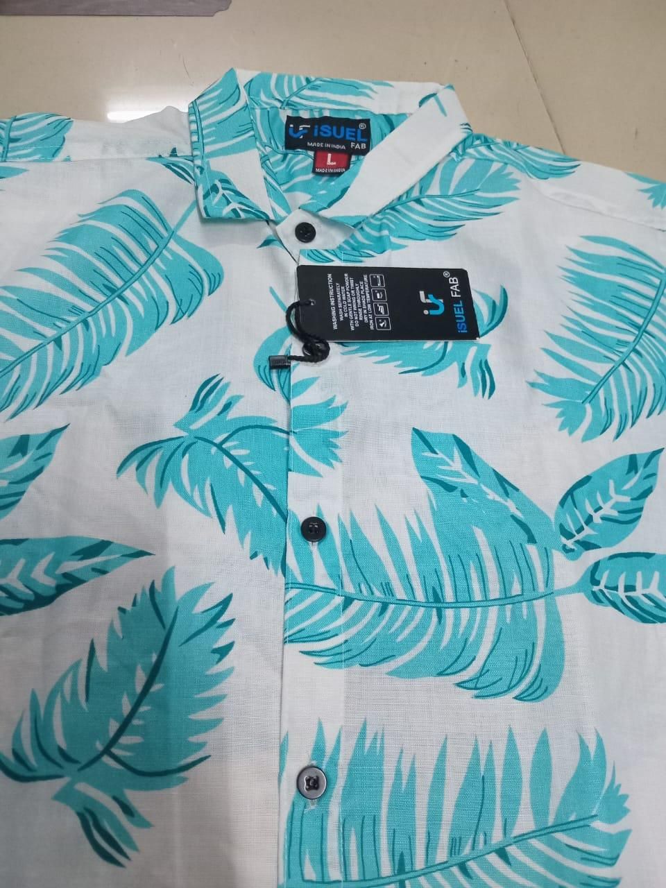 Men's Printed Half Sleeves Spread Collar Casual Shirt White & Light Green 19z41t-h6