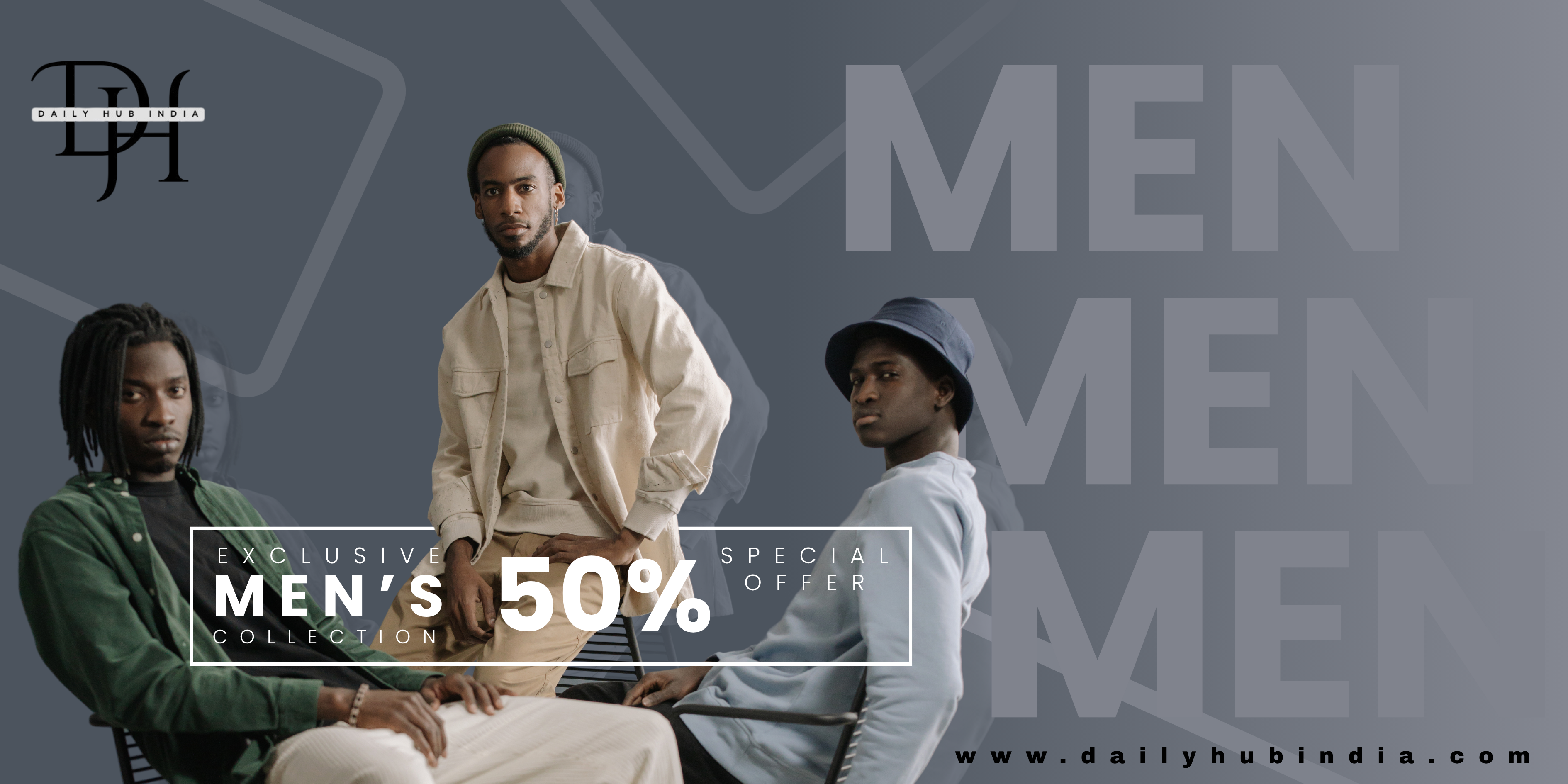 Promotional banner for men's clothing with three models and a 50% discount offer.