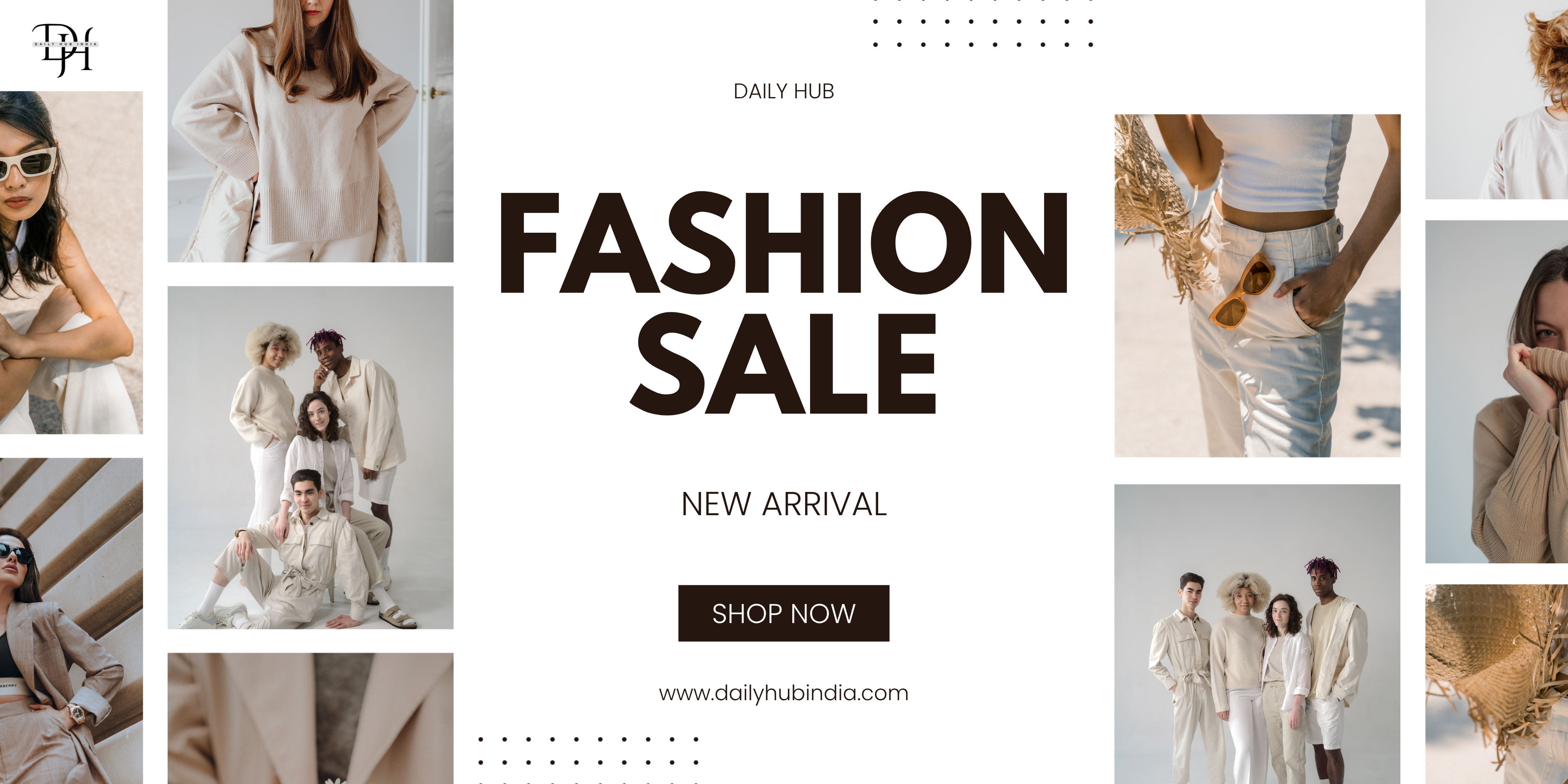 Fashion sale banner with models in various outfits and 'Daily Hub' branding.