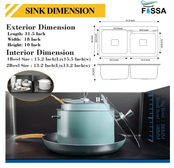 Fossa 24"x18"x10" Inch Single Bowl Tap Hole 304 Grade With Soap Dispenser Stainless steel Handmade Kitchen Sink ( Black ) Fossa Home