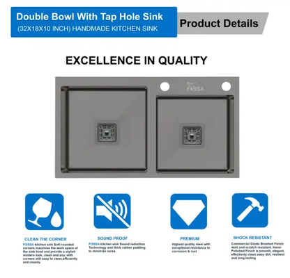 Fossa 24"x18"x10" Inch Single Bowl Tap Hole 304 Grade With Soap Dispenser Stainless steel Handmade Kitchen Sink ( Black ) Fossa Home