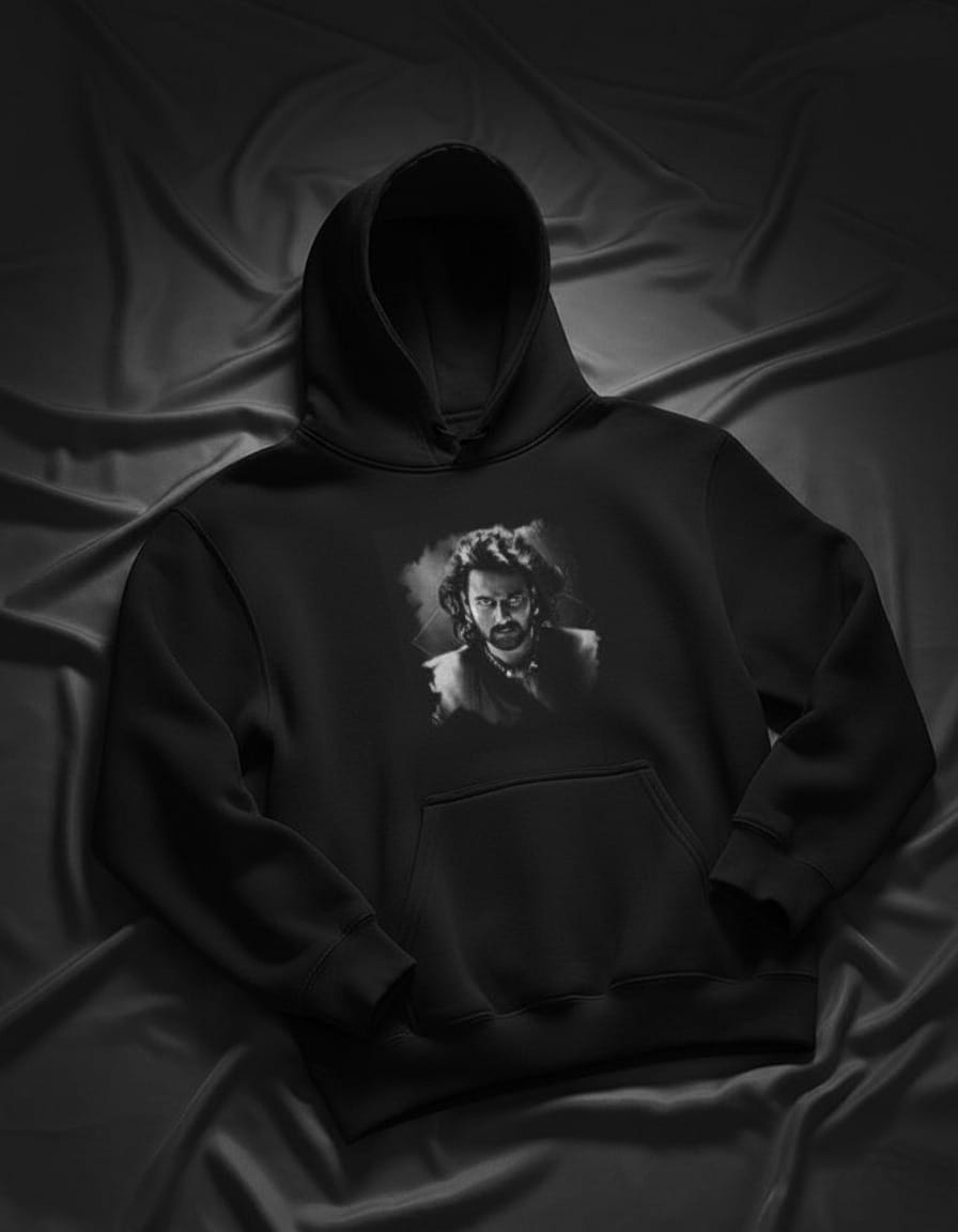Black hoodie with a printed design on a dark fabric background