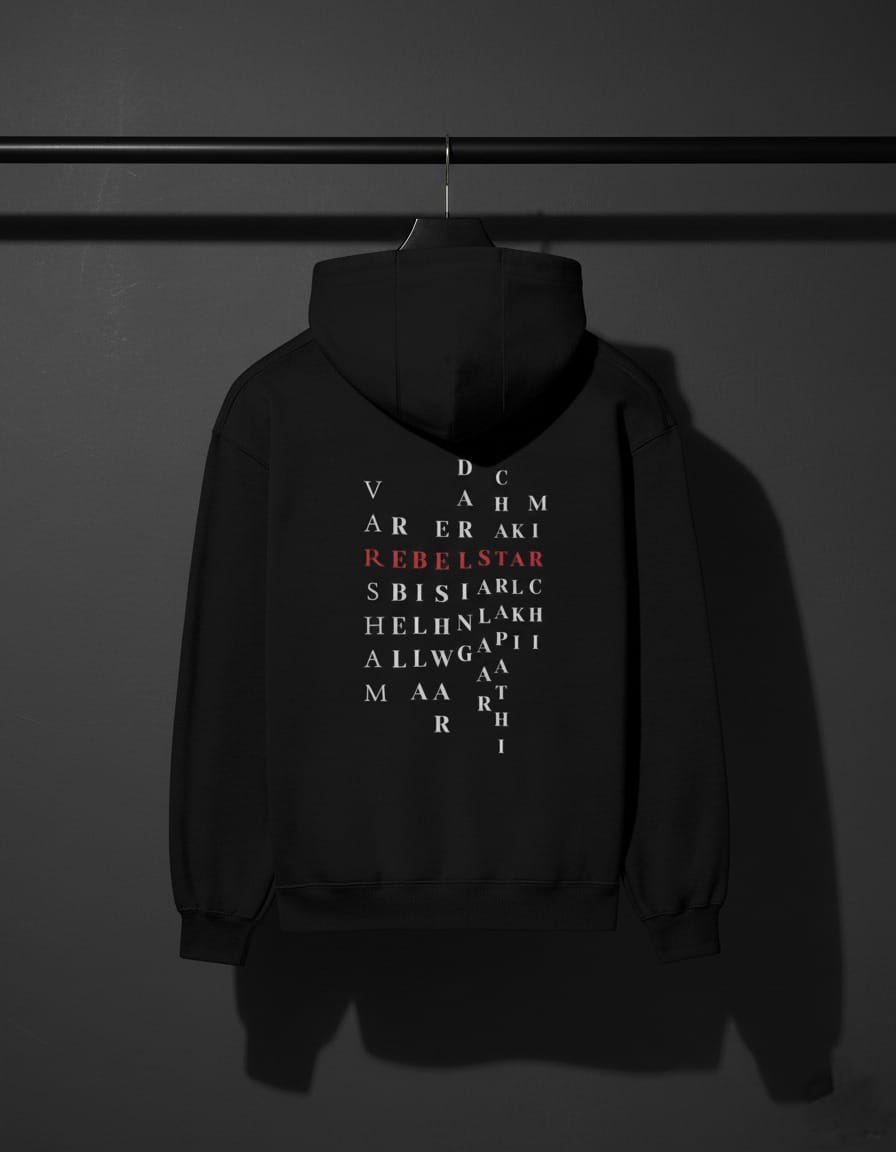 Black hoodie with text design on a dark background