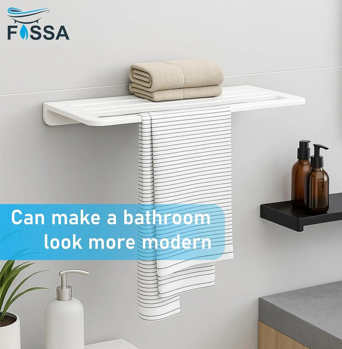 Fossa Space-Saving Wall Mounted Towel Shelf – Foldable Chrome Towel, Durable Bathroom Accessories, Rust Resistant & Stylish Bathroom Fittings | White (Quartz Ceramic) Fossa Home