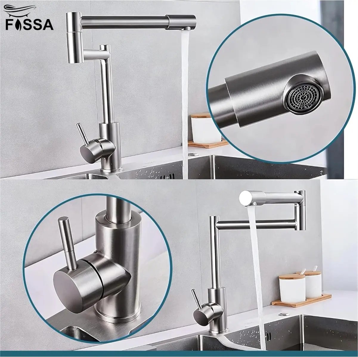 Fossa Zig Zag Stainless Steel Deck Mounted Folding Kitchen Faucet, 304 Stainless Steel Single Handle with 360 Rotating Spout with Pure Water Cold and Hot Modern Drinking Faucet Fossa Home