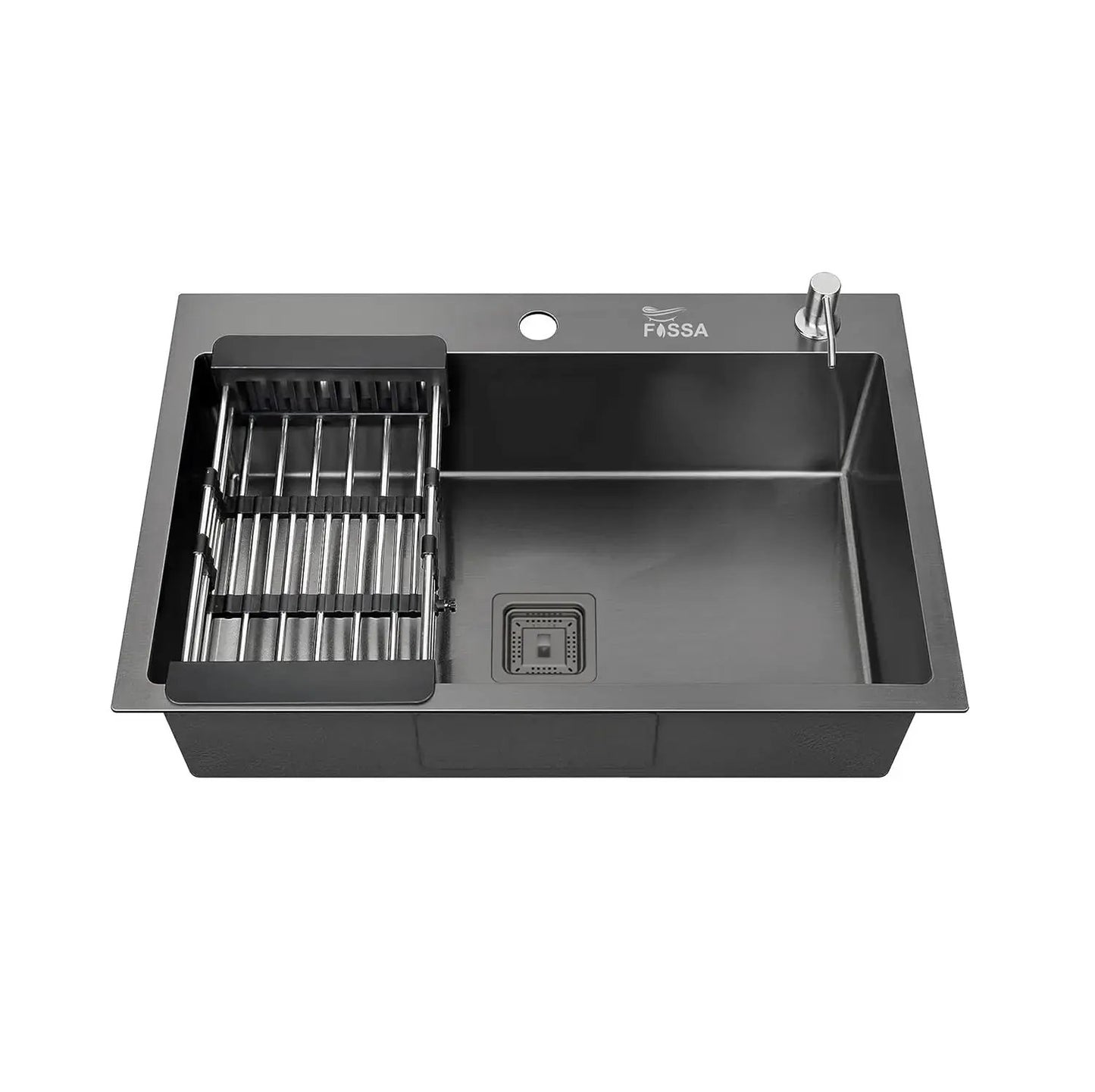 Gray kitchen sink with a faucet and dish rack on a white background