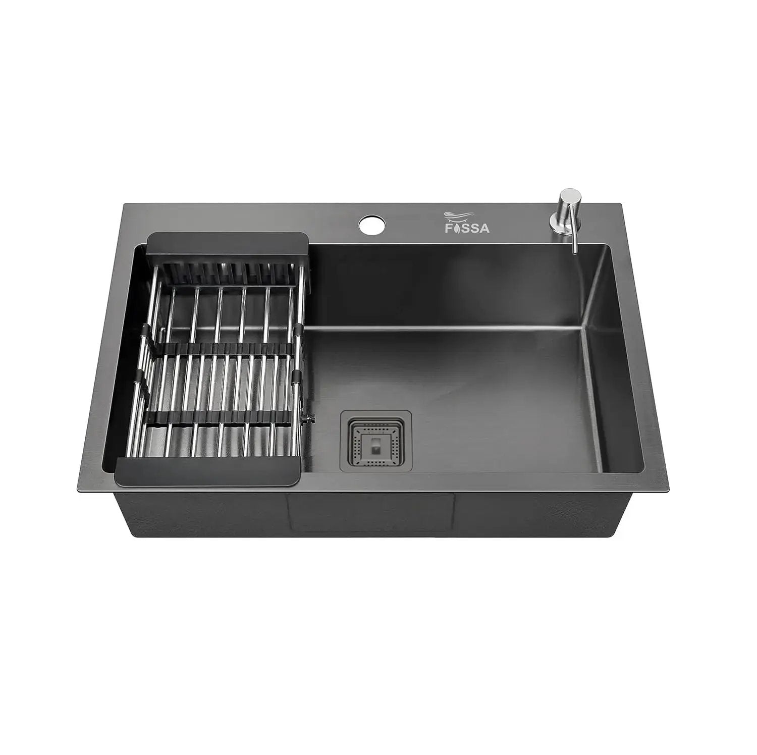 Gray kitchen sink with a faucet and dish rack on a white background