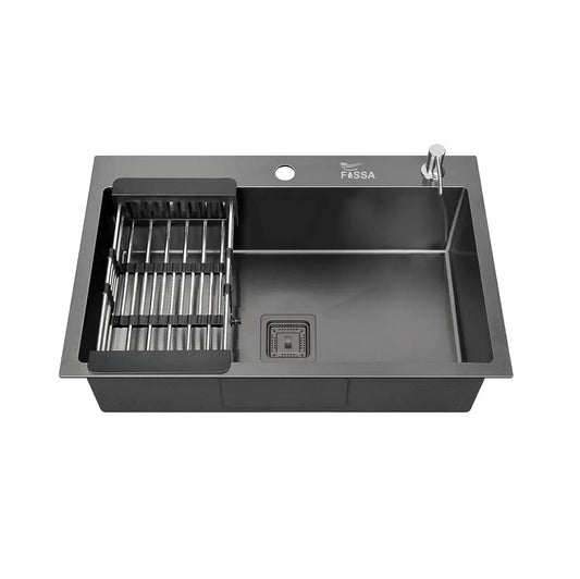 Gray kitchen sink with a faucet and dish rack on a white background