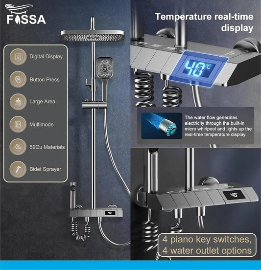 Fossa Spark Shower Thermostatic Shower System, Water Saving Shower Mixer Set, LED Screen, 4 Functions includes Handheld Shower (3 Jet Types), ABS Top Shower, Bidet Spray, Tub Spout (Black) Fossa Home